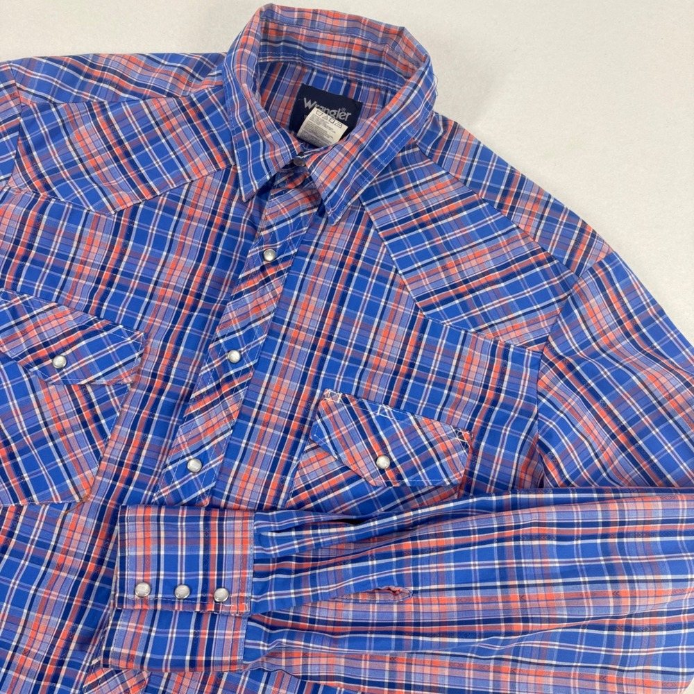 Wrangler Mens Western Shirt Large Tall Blue Orange Plaid Pearl Snap Long Sleeve